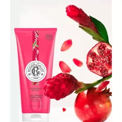 Gel de duche Roger & Gallet em tubo cor-de-rosa com romãs e flores vermelhas
