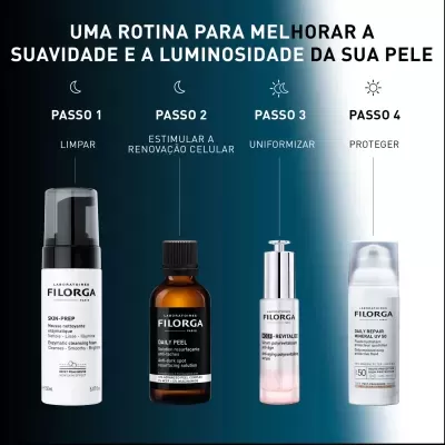 Quatro produtos FILORGA para cuidados da pele em fundo degradê azul e branco