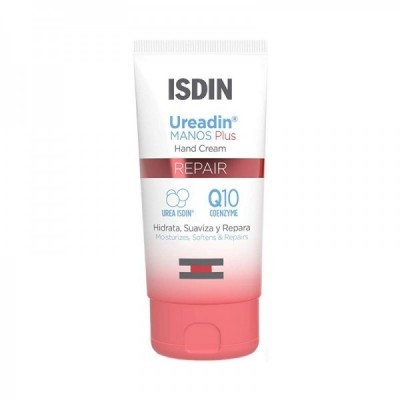 Creme de mãos ISDIN Ureadin Manos Plus Repair em tubo branco com tampa salmão