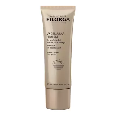 Tubo bege de creme UV Cellular-Protect da Filorga com tampa e texto em francês e inglês