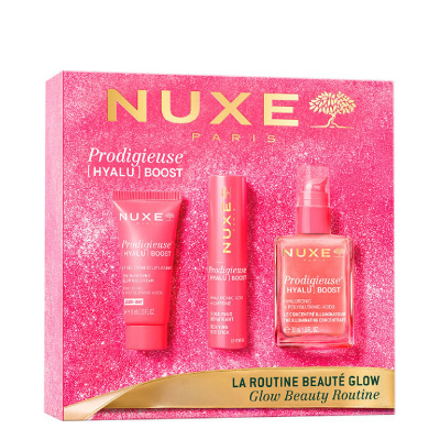 Conjunto de beleza NUXE Prodigieuse [HYALU] BOOST, embalagem rosa brilhante com três produtos de cuidados de pele.