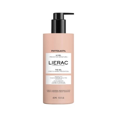 Frasco rosa claro de gel para prevenção de estrias Lierac Phytolastil com tampa preta