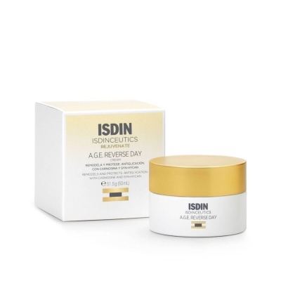Creme facial ISDIN AGE REVERSE DAY em frasco branco com tampa dourada e caixa branca