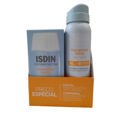 Embalagem com fotoprotetor ISDIN FusionWater e spray transparente SPF 50