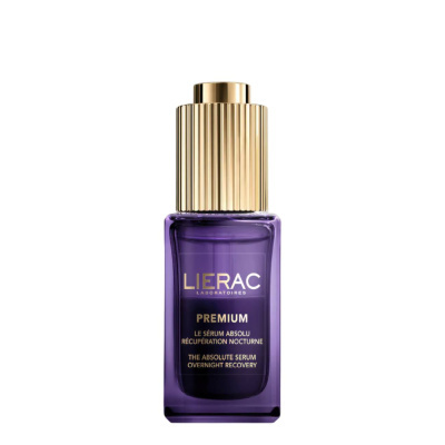 Frasco de serume cosmético roxo com tampa dourada e texto LIERAC