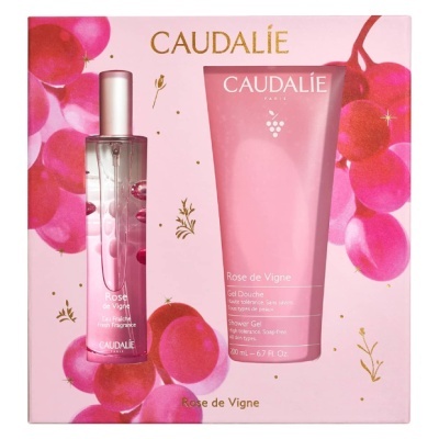 Conjunto Caudalie Rose de Vigne com Eau Fraîche e Gel Douche, embalagem rosa com uvas vermelhas