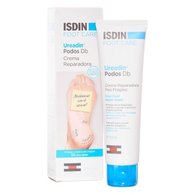 Embalagem e tubo de creme reparador para pés frágeis Ureadin Podos Db da ISDIN