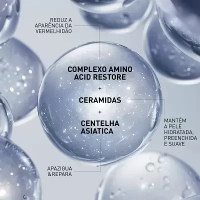 Esferas translúcidas com texto sobre ingredientes e efeitos para pele