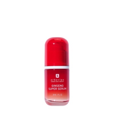 Frasco vermelho e branco de sérum facial erborian GINSENG SUPER SERUM 30 ml