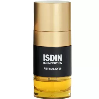 Frasco de cosmético ISDIN Retinal Eyes preto dourado e amarelo