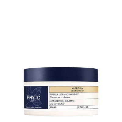 Pote branco com tampa azul escura de máscara capilar PHYTO Ultra Nourishing Mask