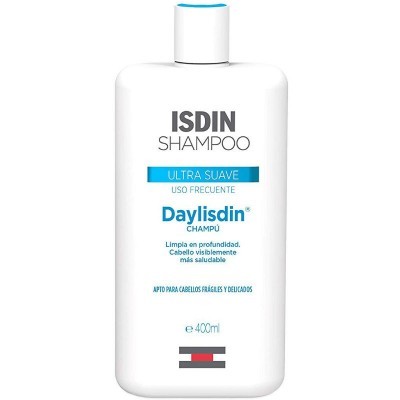 Frasco branco de champô ISDIN Daylisdin 400ml com texto azul e cinzento