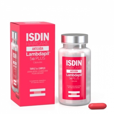 Suplemento alimentar em cápsulas ISDIN Lambdapil 5α PLUS em embalagem e frasco vermelho, branco e metálico