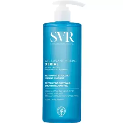 Frasco azul translúcido de gel de banho esfoliante SVR Xerial com tampa branca