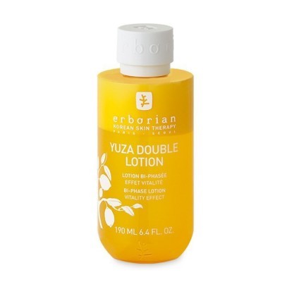 Frasco amarelo de loção bi-fásica Yuza Double Lotion com tampa branca e texto branco e amarelo.
