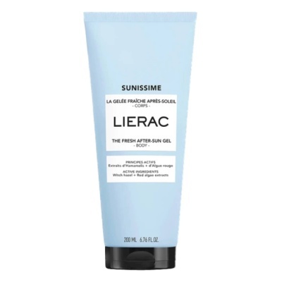 Gel corporal LIERAC Sunissime em bisnaga azul claro com texto preto e branco
