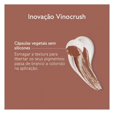 Texto sobre inovação Vinocrush com descrição de cápsulas vegetais e textura cremosa branca e castanha