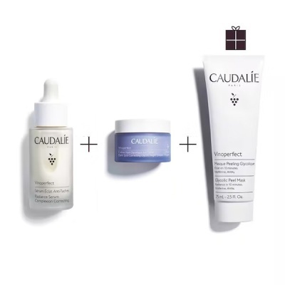 Produtos Caudalie Vinoperfect: sérum antissinais, creme hidratante e máscara peeling glicólica.