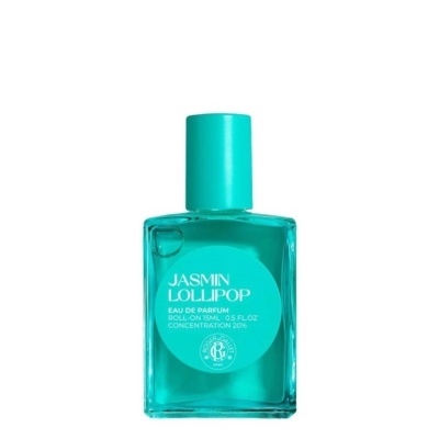 Frasco de perfume azul turquesa com tampa e etiqueta azul