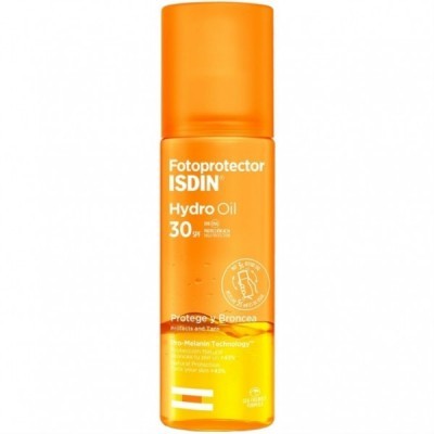 Frasco de fotoprotetor ISDIN Hydro Oil SPF 30 laranja com texto branco e amarelo