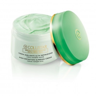 Frasco de creme corporal Collistar com tampa verde e dourada, creme verde visível