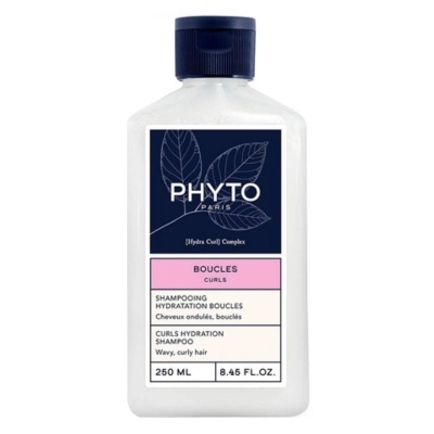 Frasco branco de shampoo Phyto Paris com tampa azul e rótulo com folhas