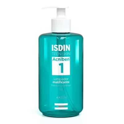 Frasco de gel de limpeza ISDIN Teen Skin Acniben 1 matificante azul-esverdeado com tampa branca