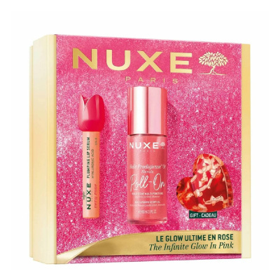 Conjunto NUXE com sérum labial e óleo seco em embalagem rosa glitter