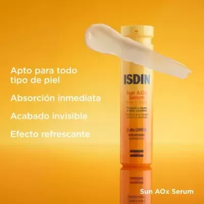 Frasco amarelo de ISDIN Sun AOx Serum com creme e texto em português e espanhol em fundo amarelo