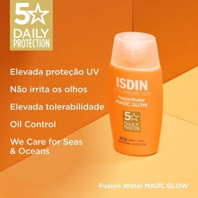 Fotoprotetor ISDIN Fusion Water Magic Glow em embalagem laranja