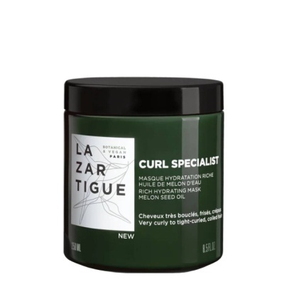 Frasco verde escuro com tampa preta de máscara facial CURL SPECIALIST LAZARTIGUE