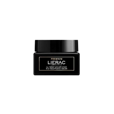Frasco preto quadrado de creme Premium Lierac com tampa preta e texto em branco