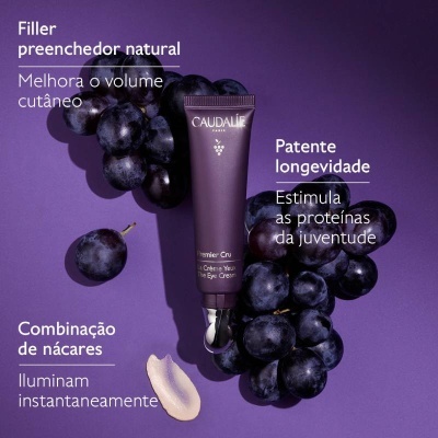 Tubo roxo de creme para olhos Caudalie com cachos de uvas roxas e texto em português sobre fundo roxo
