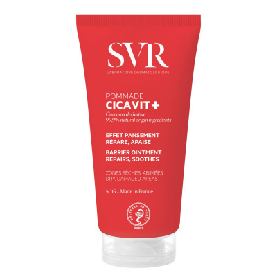 Tubo vermelho de creme SVR Pommade Cicavit+ com texto informativo em branco e tampa transparente