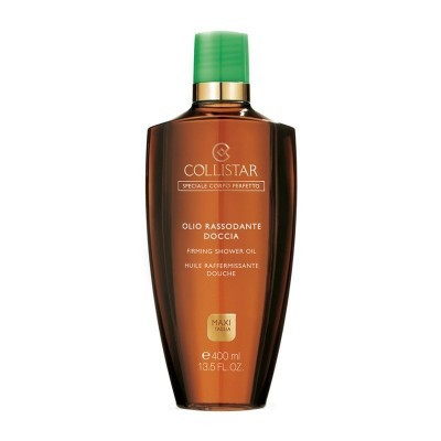 Frasco âmbar translúcido de óleo de banho firmador Collistar com tampa verde