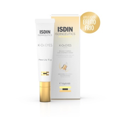 Cosmético ISDIN K-OX EYES tubo branco com tampa dourada e caixa associada.