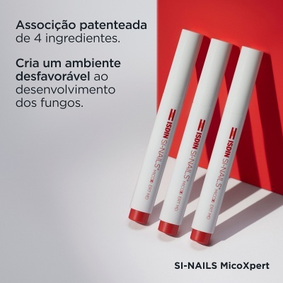 Três frascos brancos com tampa vermelha do produto ISDIN SI-NAILS MicoXpert em fundo vermelho e branco com texto em português.