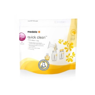 Sacos Quick Clean Medela para esterilização a vapor micro-steam em embalagem branca e amarela