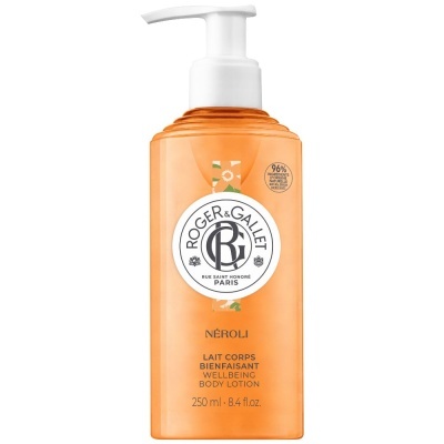 Frasco laranja de loção corporal Roger & Gallet NÉROLI com doseador branco