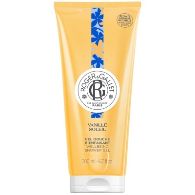Gel de duche Roger & Gallet Vanille Soleil amarelo-laranja com flores azuis