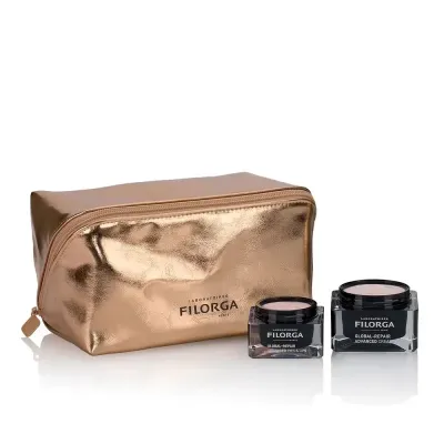 Conjunto Filorga com mala dourada e cremes pretos