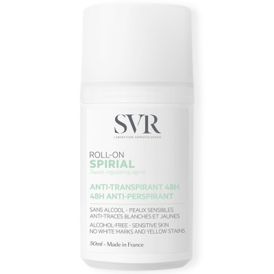 Roll-on anti-transpirante SVR Spirial 50 ml branco com texto cinza e verde