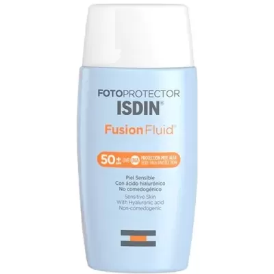 Frasco azul claro de protetor solar ISDIN Fusion Fluid FPS 50+