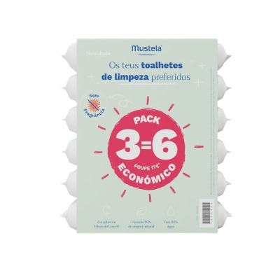 Pacote verde claro de toalhetes Mustela, texto azul e rosa, selo 'sem fragrância'