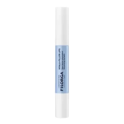 Frasco de stick cosmético branco com rótulo azul e texto preto
