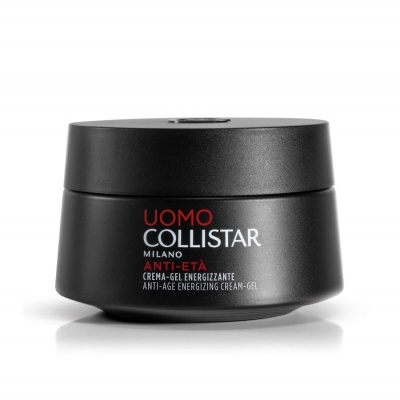 Frasco preto fosco de creme anti-idade Collistar com texto em várias cores