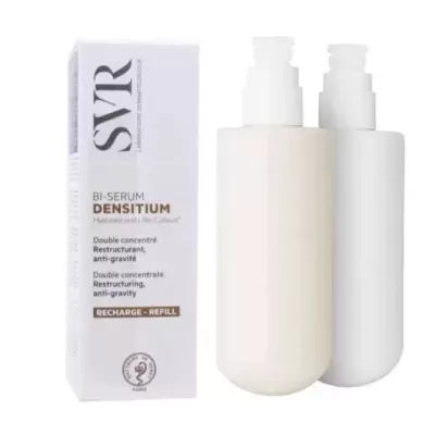 Embalagem branca e dois frascos de bi-sérum da SVR com texto informativo sobre o produto.