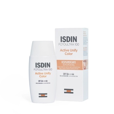 Frasco e caixa do produto ISDIN FOTULTRA 100 Active Unify Color com SPF 50+