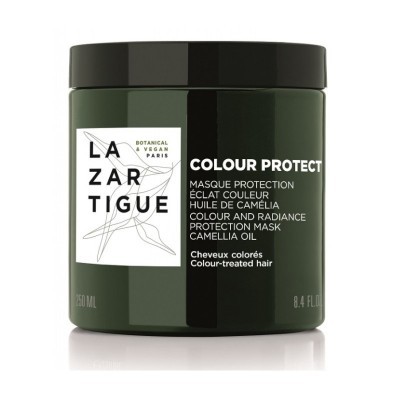 Pote verde escuro com tampa preta e rótulo branco preto da máscara LAZARTIGUE Colour Protect.
