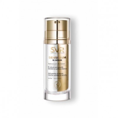 Frasco dourado e transparente de sérum SVR Densitium Bi-Serum com texto em português e inglês